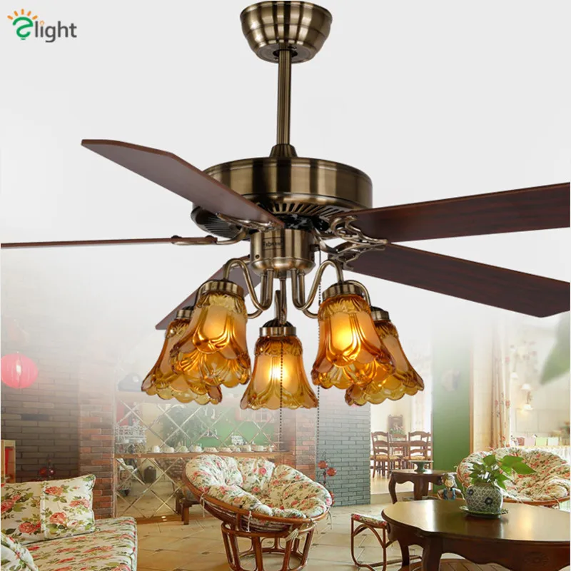Modern Bronze Metal Led Ceiling Fans Lamp Lustre Glass Dining Room Led Ceiling Fan Lighting Wood Leaf Led Ceiling Fan Lights