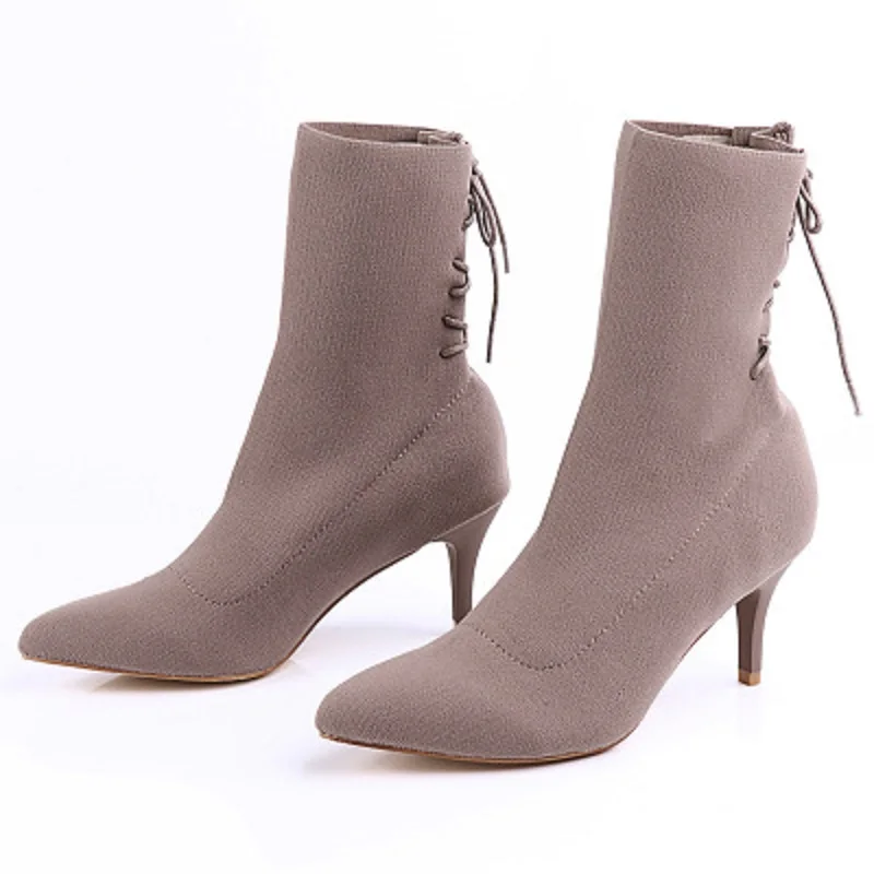 

MoBeiNI autumn and winter new women's high-heeled boots stretch boots pointed fine with socks lace flock ankle lace-up riding