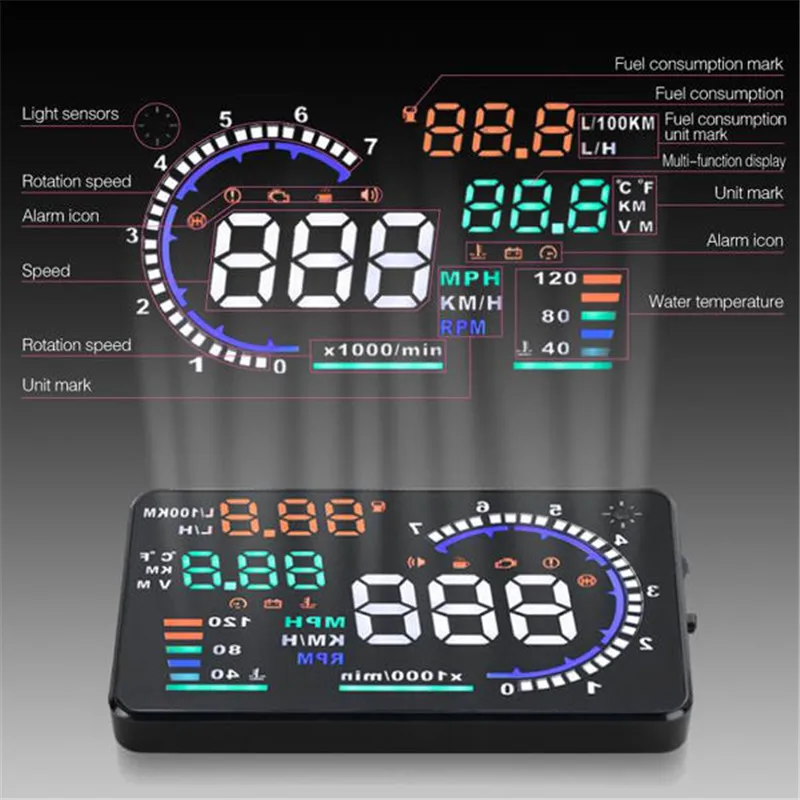 ALLSOME A8 Автомобильный HUD Дисплей 5," светодиодный проектор на ветровом стекле сканер скорости топлива Предупреждение сигнал тревоги данные диагностический инструмент