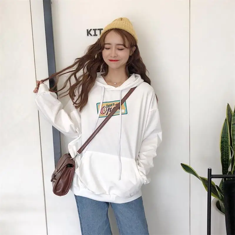 Женская винтажная Толстовка Harajuku Ulzzang Свободный пуловер с капюшоном и принтом