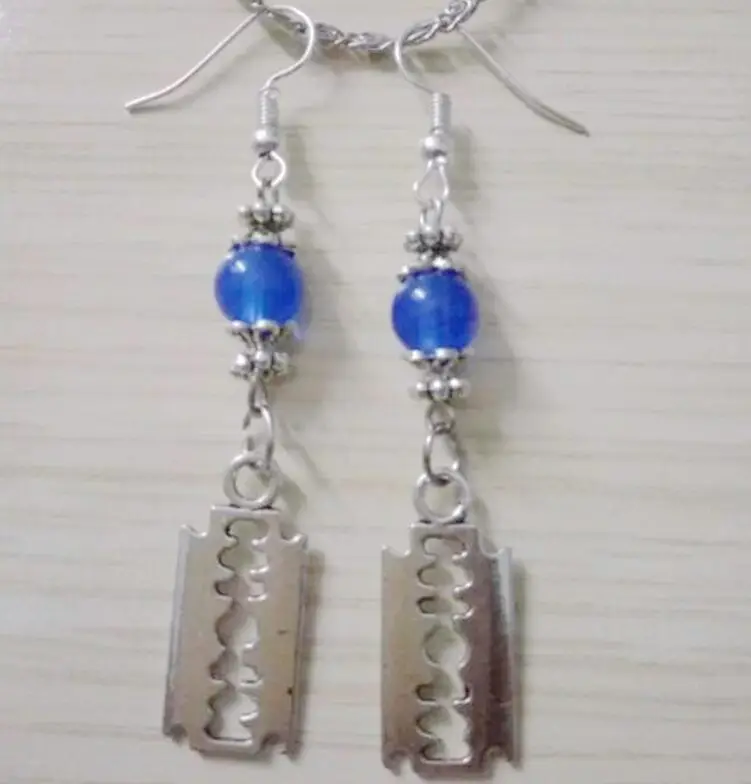 

10Pairs Multicolor beads Antique Silver "Razor Blade" Charms Dangle Earrings DIY Fashion Jewelry Gift For Woman