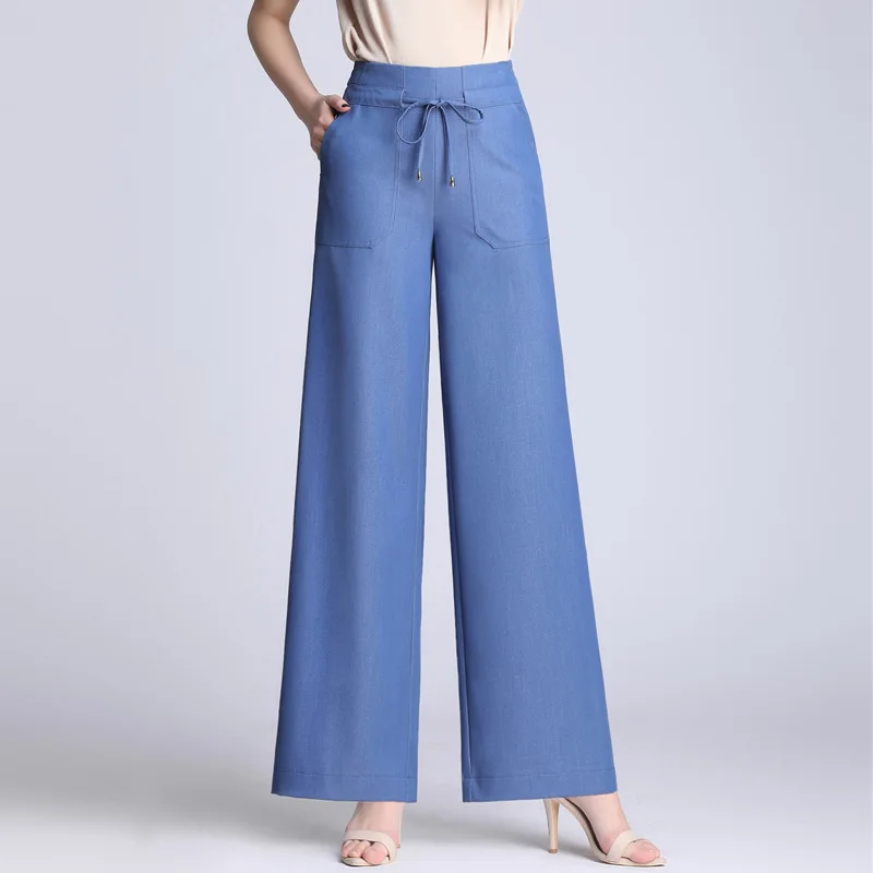 

Free Shipping 2019 new wide-leg pants, women's spring and summer drawstring elastic waist pants, jeans, casual large size pants