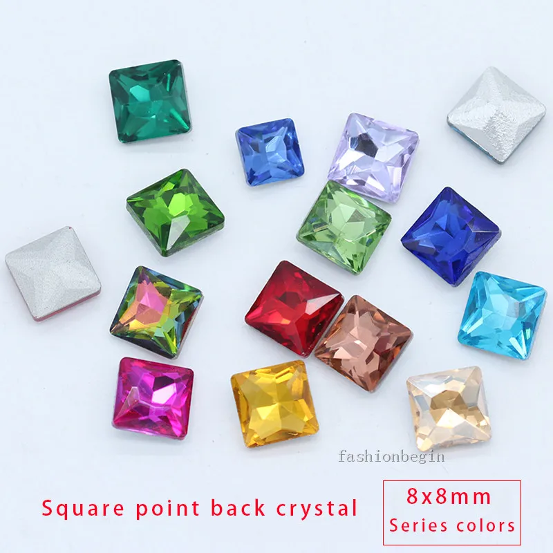 

100p 8mm square color pointed foiled back crystal glass glue on rhinestones jewels Nail Art beads brooch necklace shoes repair