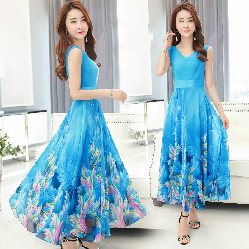 

2018 Summer New Printed slim Chiffon Dress Female Temperament Sleeveless Bohemia Long Dresses Plus Size Women Clothing Fashion