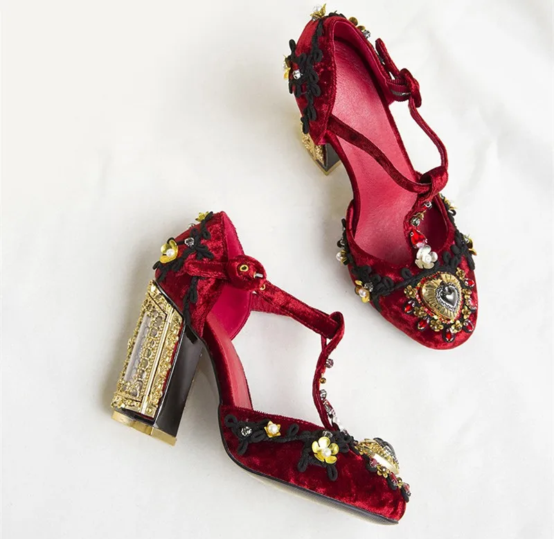 Для женщин для пальцев, искусственные бриллианты, Т-образный высокое Туфли-лодочки на каблуке высокого качества с вышивкой Стразы Обувь на высоком каблуке в стиле ретро; вечерние туфли со стразами EU34-41 BY651
