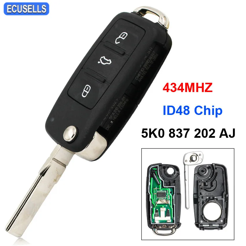 

3 Button Folding Flip Remote Key 434MHZ 5K0837202AJ 5K0 837 202 AJ ID48 Chip Uncut Blade for VW Golf Caddy Beetle Polo Jetta