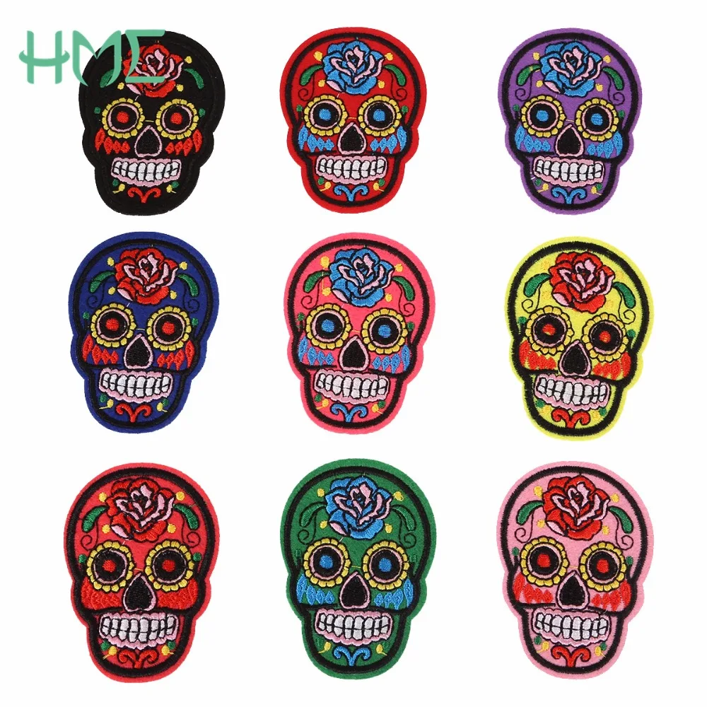 New ! 1PC Iron On Patches Clothes DIY Flowered Skull Embroidered