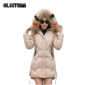 

Long Women's Jacket Coat Winter Slim Down Cotton Lady's Parkas High Quality Solid Women's Parkas Coat with Large Fur CC648