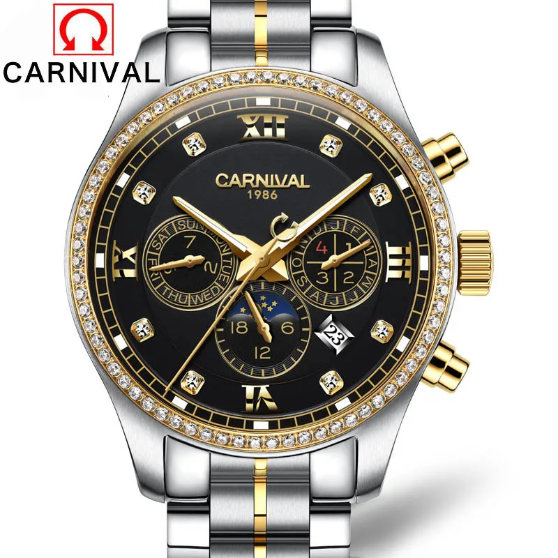 Steel Black dial Карнавальный роскошный бренд Многофункциональные 6 стрелок механические часы водонепроницаемые светящиеся полностью стальные деловые мужские часы Новинка - Цвет: Steel Black dial
