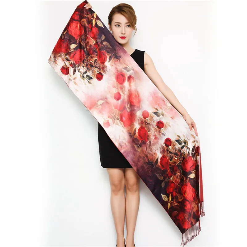 Новые плотные осенне-зимние женские шарфы, модный длинный двухсторонний шарф с бахромой, элегантный шелковый шарф в китайском стиле с принтом - Цвет: meigui