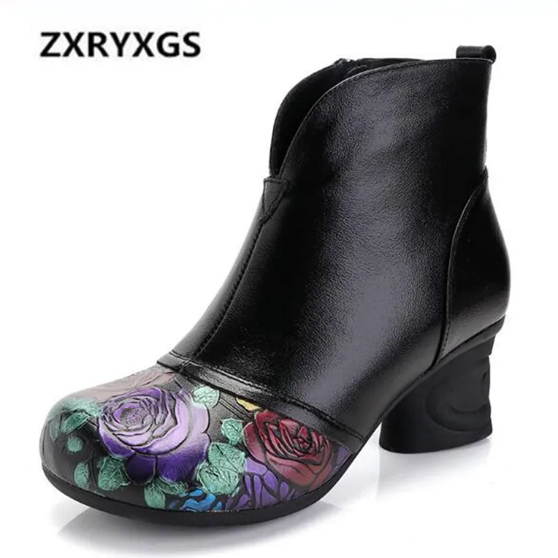 

New Retro Printing Women Boots Shoes 2018 Autumn and Winter Boots Women Shoes Comfortable Soft Ankle Boots High Heels 3.5 cm