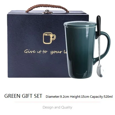 Плавно меняющая цвет кружка керамическая с крышкой с ложкой 520 мл креативная модная парная кружка кофейная Милая чашка для завтрака уникальный подарок - Цвет: Green Gift Set