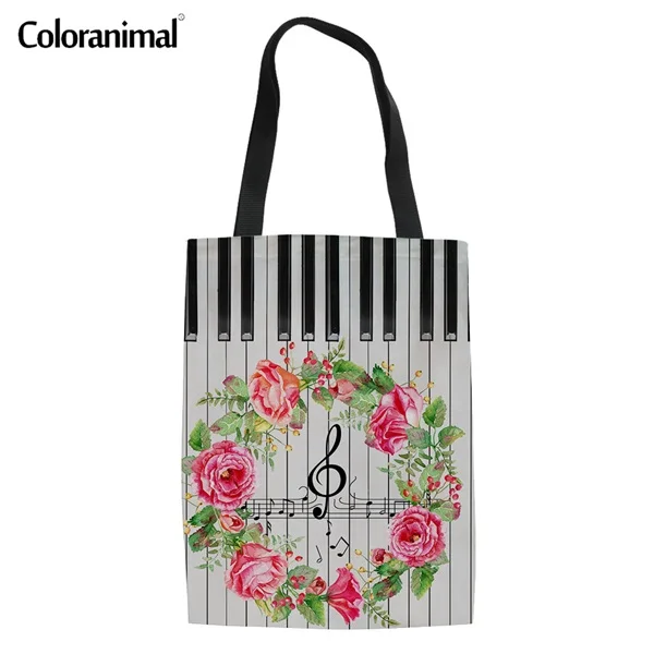 Coloranimal Music Note Pattern Women Eco-friendly Handbag Youth Girl Casual Canvas Top-handle Bag Shopping Beach Tote Bag 