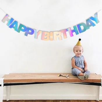 

Holographic Film Happy Birthday Banner Rainbow Iridescent Film Alphabet Banner for Kids Birthday Unicorn Party 1st Birthday