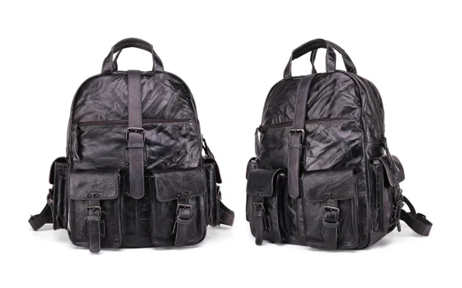 Farbe: Schwarz. Anzeige des Woosir-Rucksacks aus echtem Vintage-Leder