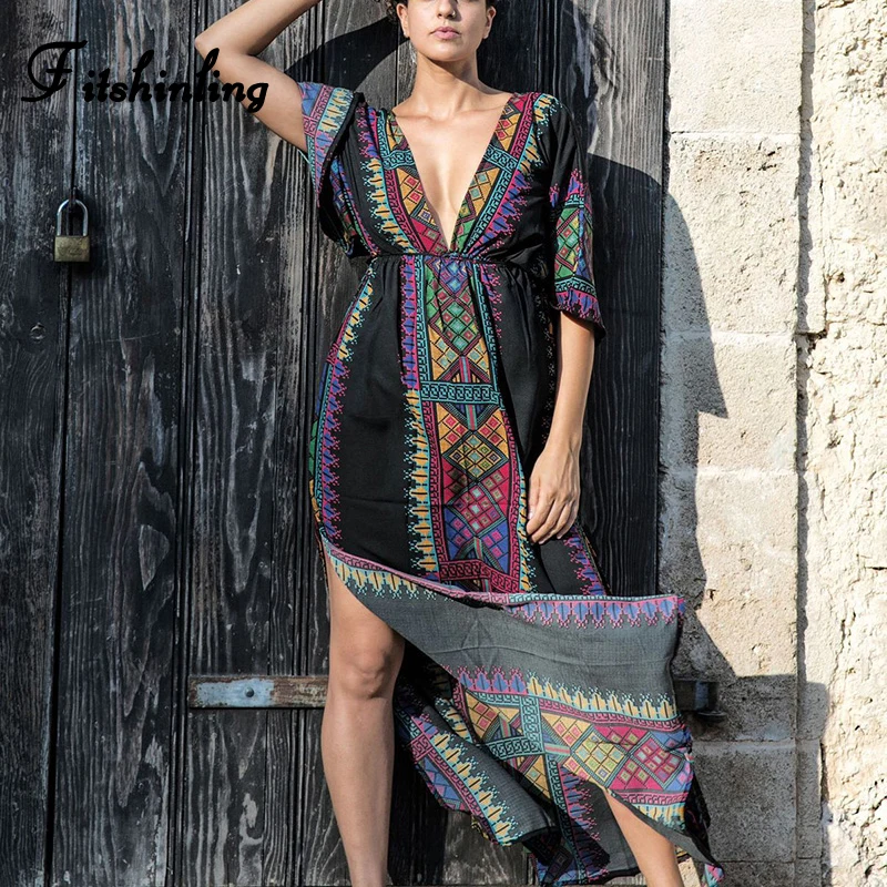 

Fitshinling Ethnic vintage print maxi dress holiday 2019 v neck slit sexy long dress women boho backless black pareos tunic hot