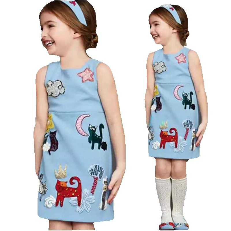 Light Blue Animal Pattern Elegant Styple Baby Girl Dress Party Princess Clothes Kids Blue Dress From