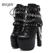 BYQDY/пикантные туфли на высоком каблуке и платформе с цепочками и заклепками; женские ботильоны на платформе; обувь на молнии в стиле панк; женская обувь из лакированной кожи; Прямая поставка