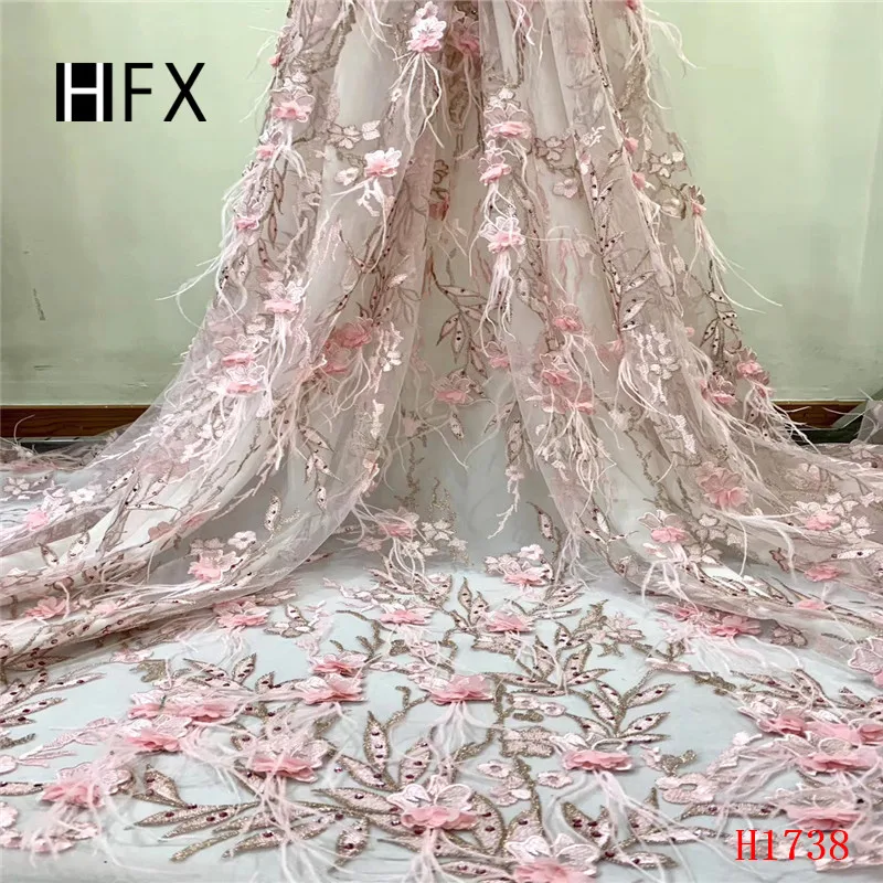 

High-end luxury feather decoration embroidered sequins lace fabric DIY 3D flower dubai white pink apparel accessories 5YardF1738