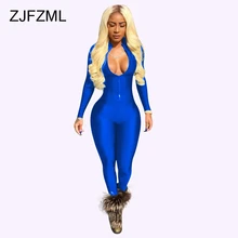 ZJFZML Womens Jumpsuit Long Sleeve Skinny Causal Outfits Rompers Female Front Zipper Overalls V Neck Party Club Sportsuits