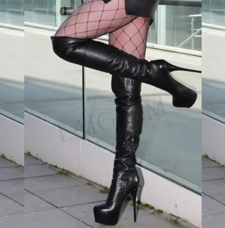 LAIGZEM/очень высокие женские сапоги; водонепроницаемые сапоги из искусственной кожи на молнии и шпильке; женская обувь; Botines Mujer; большие размеры 34-52 - Цвет: LGZ298 Black