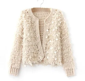 

Retro Women Sequin Sweater Short Crotched Knitwear Knitted Cardigan Coat Fashion Solid Knitting Sweater Coat