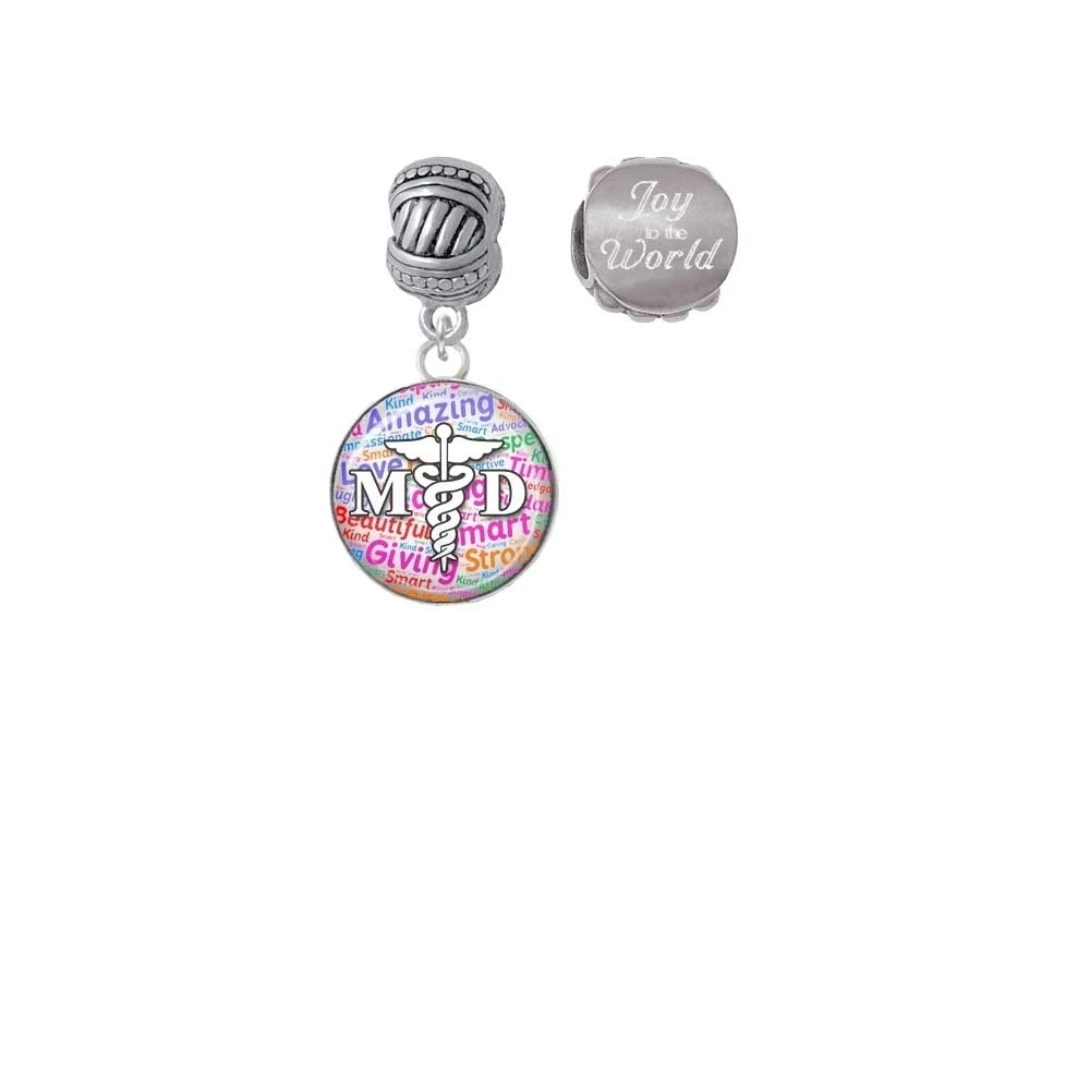 Silvertone Domed Multi Color MD Joy to the World Charm Beads (Set of 2)