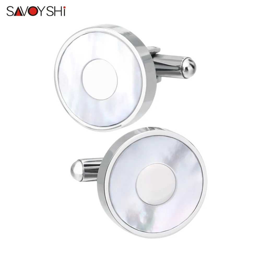 

SAVOYSHI Mens Shirt Cufflinks Brand Cuff bottons High quality White Sea shell Cuff links Round Party Gift Suit Cuff Accessories