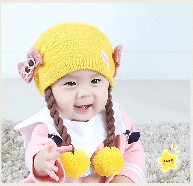 Милые детские вязаные косички для париков шапок с бантиком для новорожденных девочек, шапка, детские шапки, теплые зимние детские шапочки для детей 3-18 месяцев