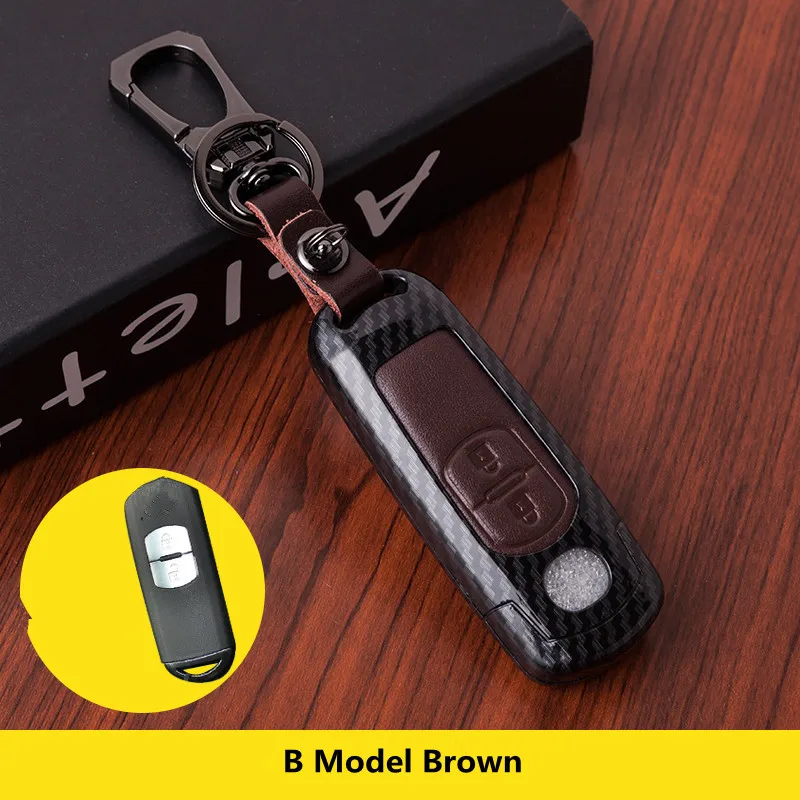 Углеродное волокно перчатки из натуральной кожи ключа автомобиля чехол для защиты для Mazda 2 3 5 6 CX-3 CX-4 CX-5 CX-7 CX-9 Atenza Axela MX5 Fob чехол Комплект - Название цвета: A Model Brown