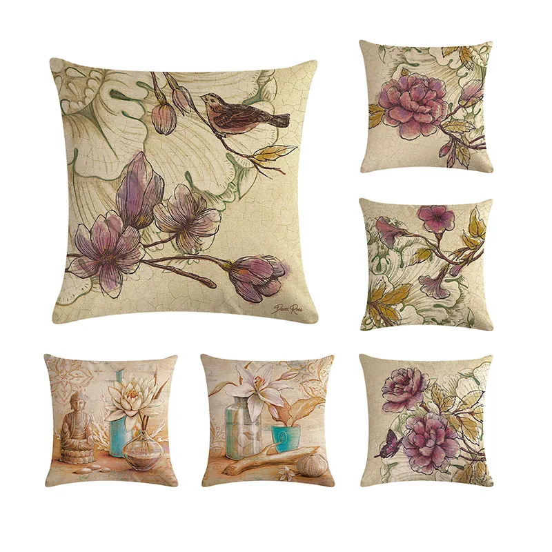 cheap Retro Flowers Cushion Cover Ink Painting Style Bird Butterfly Print Linen Pillowcase Home Vintage Decor for Sofa Bedroom 45x45cm