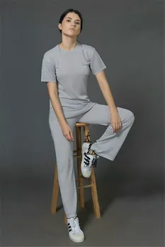 

2019 Cotton Rayon Short Suit Knitted Ice Round Neck Sleeve Short-sleeved Irregular Sweater + Casual Trousers Two-piece Female
