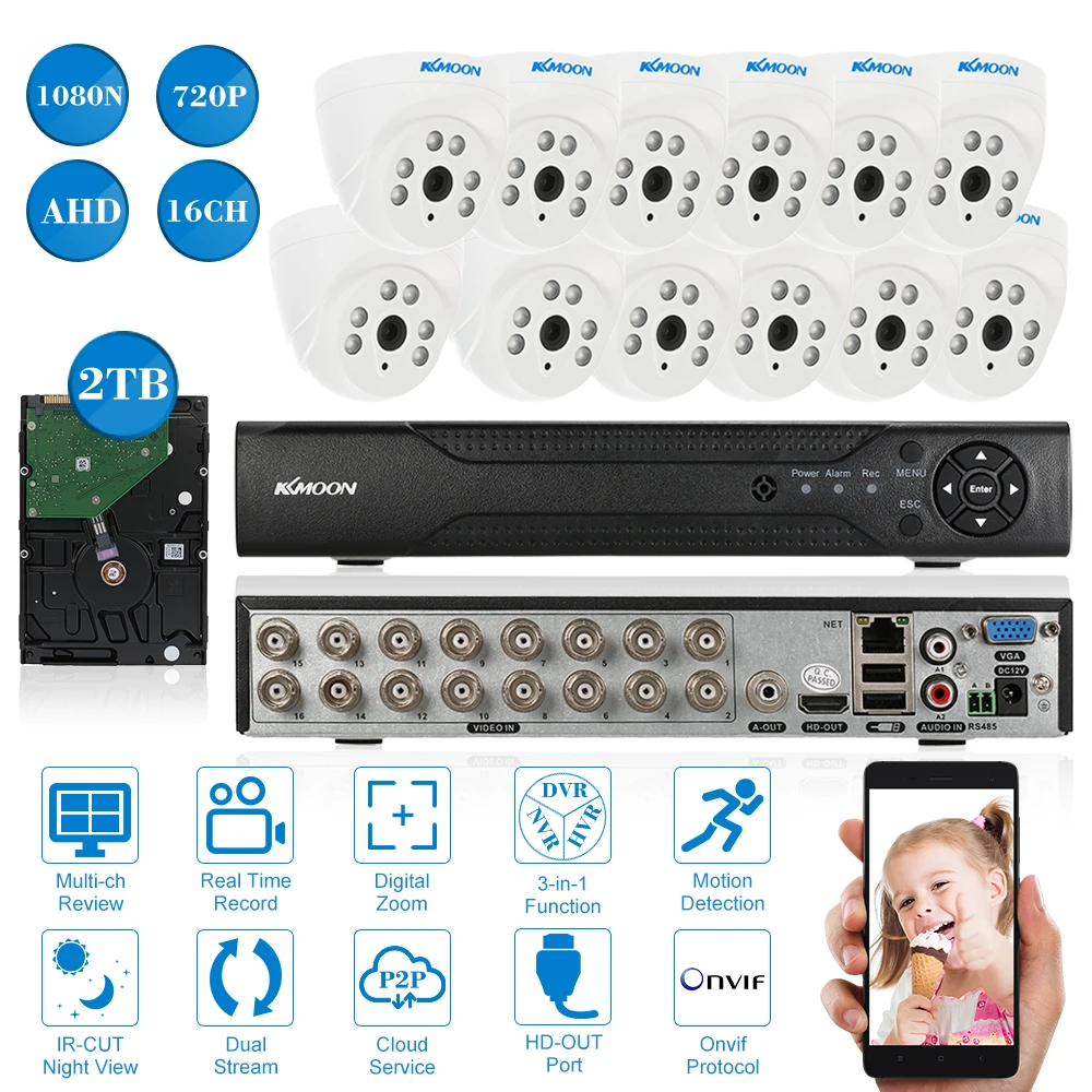 KKmoon 16CH 1080P Hybrid DVR 2TB HDD 16*720P Indoor Dome CCTV Camera CCTV System