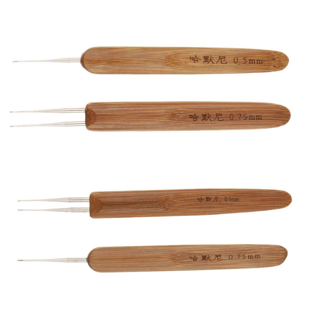 4pcs Bamboo Hair Weaving Crochet Needles Dreading Hooks Dreadlock Tool for Braid Craft 0.5mm 0.75mm