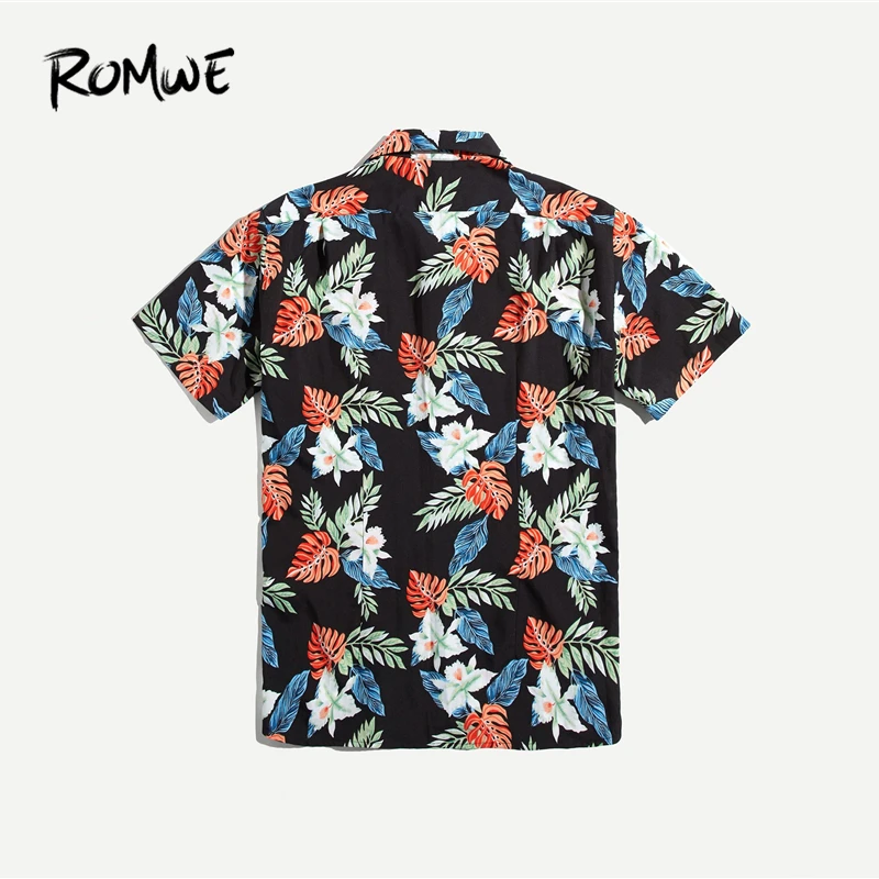 ROMWE Men Button Up Tropical Print Top 2019 Fashion Beach Summer Male Short Sleeve Turn Down Collar Single Breasted Blouse