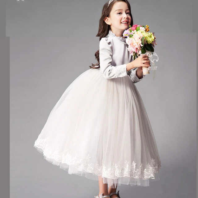 white gray birthday party princess dress girls 11 years dress autumn