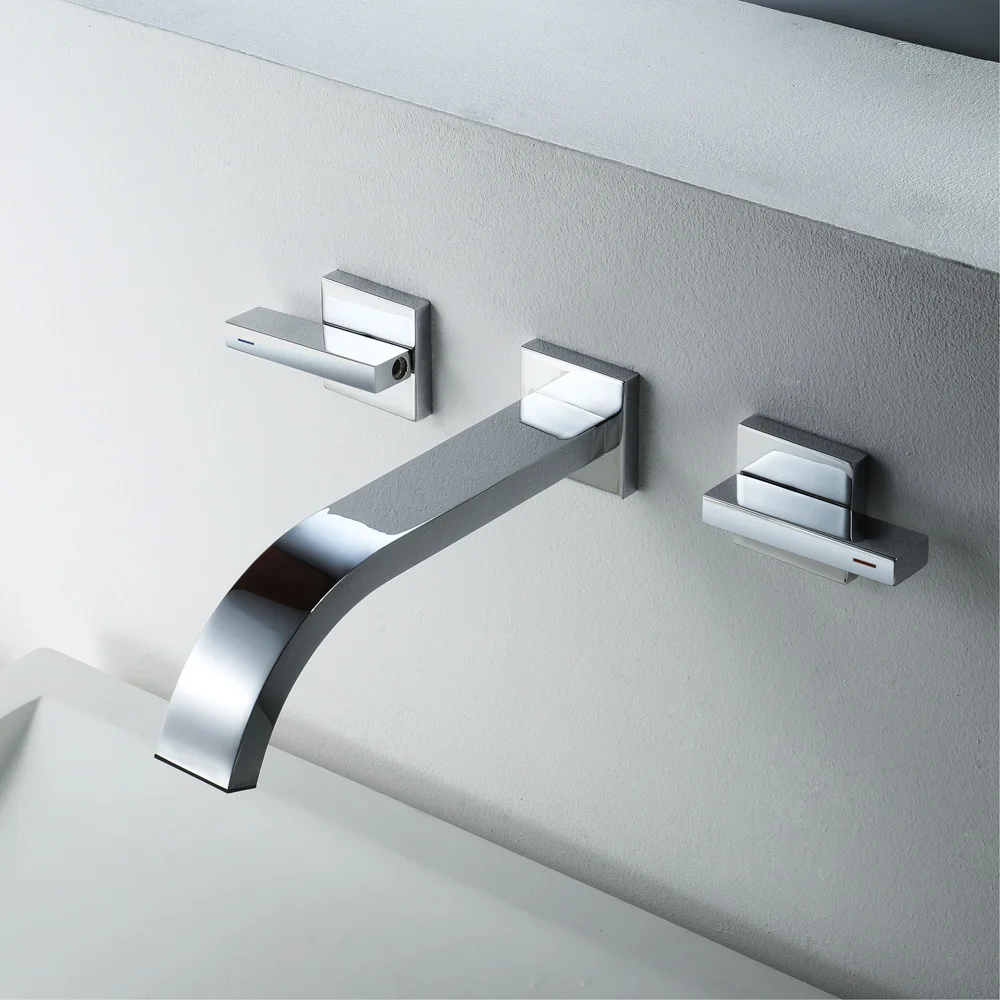 Wall Mounted With Embedded Box Basin Faucets Black Bathroom Sink Taps Chrome Mixer Faucet Brass Double Handles Tap Square