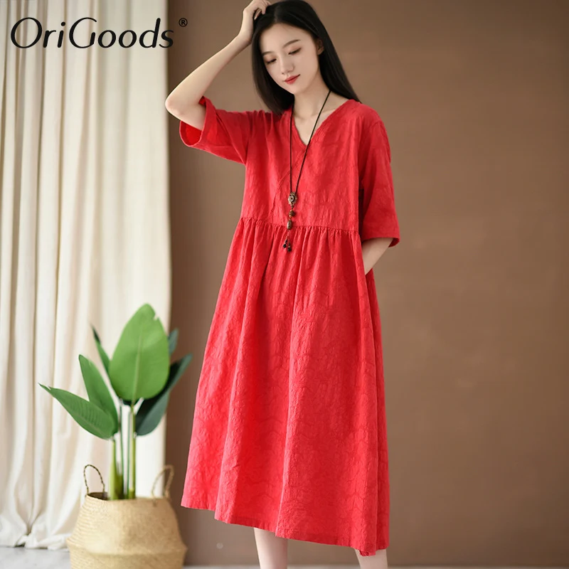 

OriGoods Cotton Linen Summer Dress Women Solid Red White Long Dress V-neck Vintage Casual Dress For Women Vestidos Robe C238