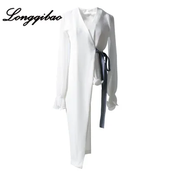 

women's clothing new asymmetric tie Lantern sleeves chiffon stitching fashion thin section loose coat womens tops and blouses