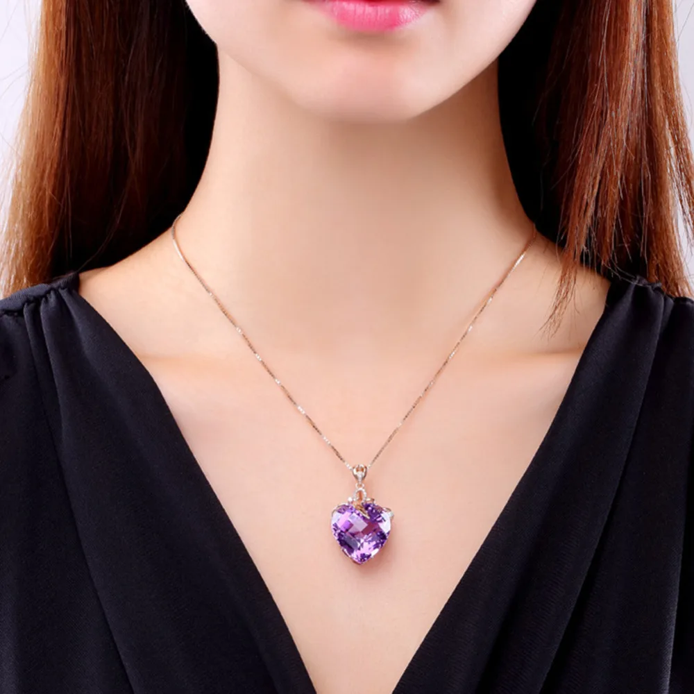 FATPIG Luxury heart shaped Purple Crystal Necklace Pendants for Women