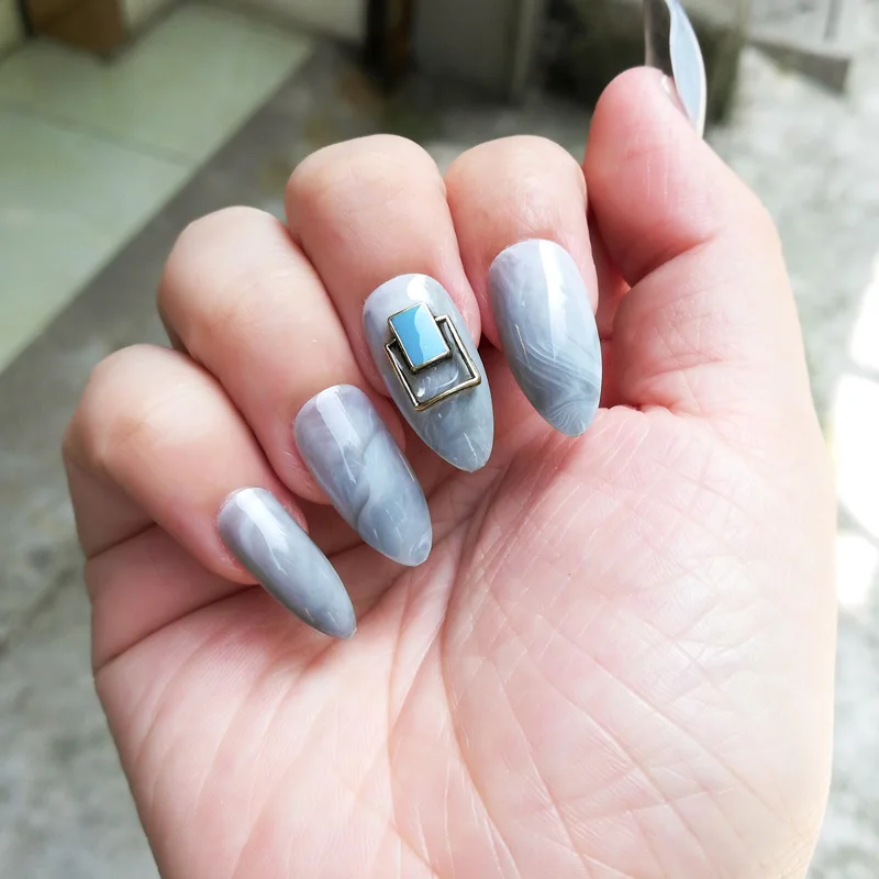 

Geometry asymmetric fake nails grey marble natural texture press on nail tips