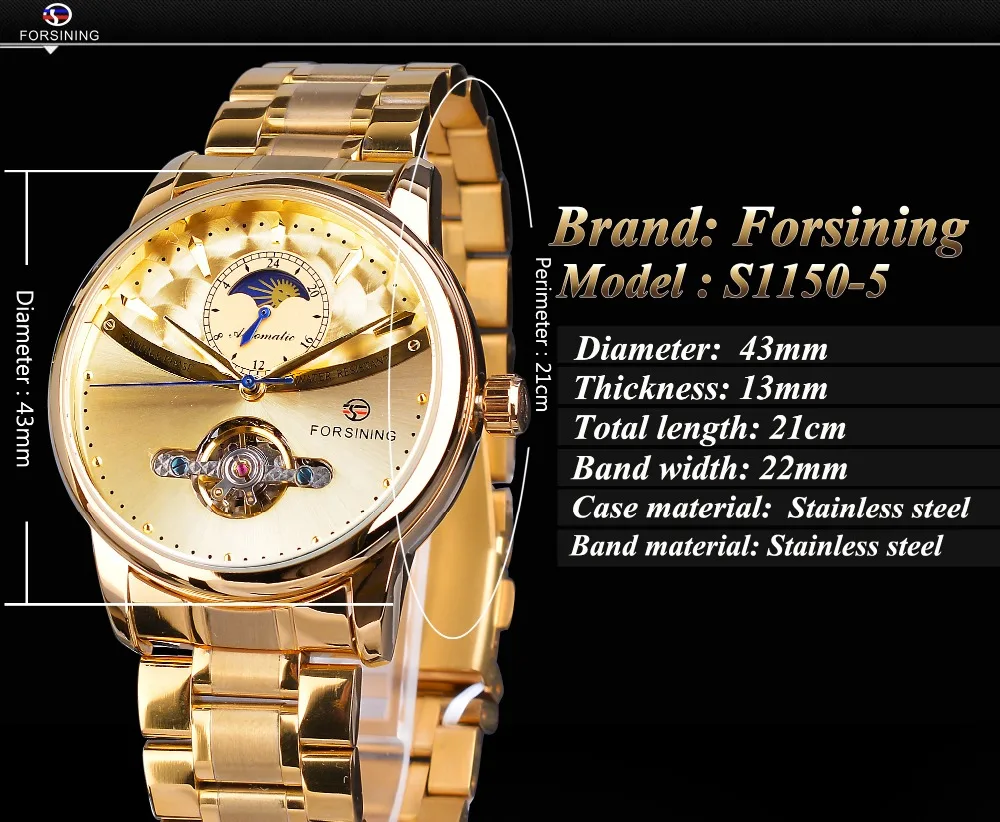 dial aço inoxidável casual moonphase ouro mecânico