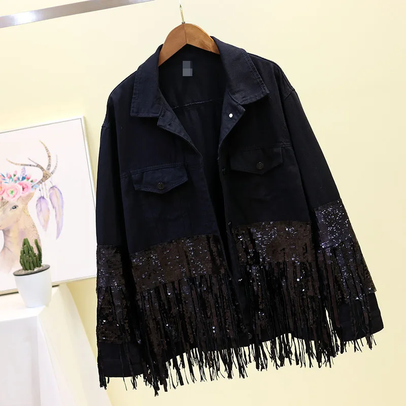 Women Autumn Sequin Tassel Denim Jacket Fashion Lapel Loose Oversized Coat Black White Jeans Jacket Basic Outerwear