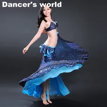

2017 New Belly Dance Clothes Senior Women Belly Dance Set 2pcs Bra+Peacock Sequins Skirt Girls Belly Dance Clothes Set S/M/L/XL