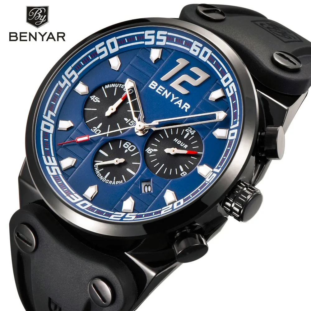 

BENYAR Men's Chronograph Quartz Wrist Watch Male Military Sport Silicone Watches Top Luxury Brand Men Clock Relogio Masculino
