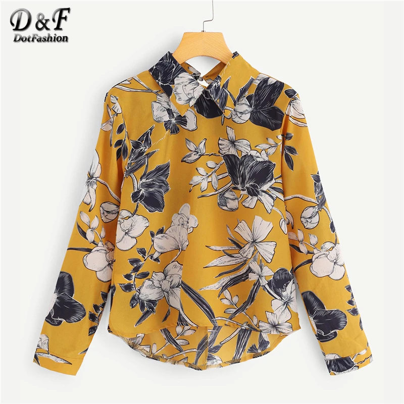 Dotfashion Random Botanical Print Womens Tops and Blouses Multicolor ...