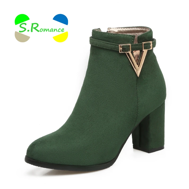 

S.Romane Women Ankle Boots Flock Upper Zipper High Square Heels Metal Decoration Women's Autumn New Fashion Shoes SB115