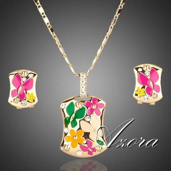 Azora, золотые разноцветный клипсы, серьги с цветами и кулон Цепочки и ожерелья Ювелирные наборы TG0002