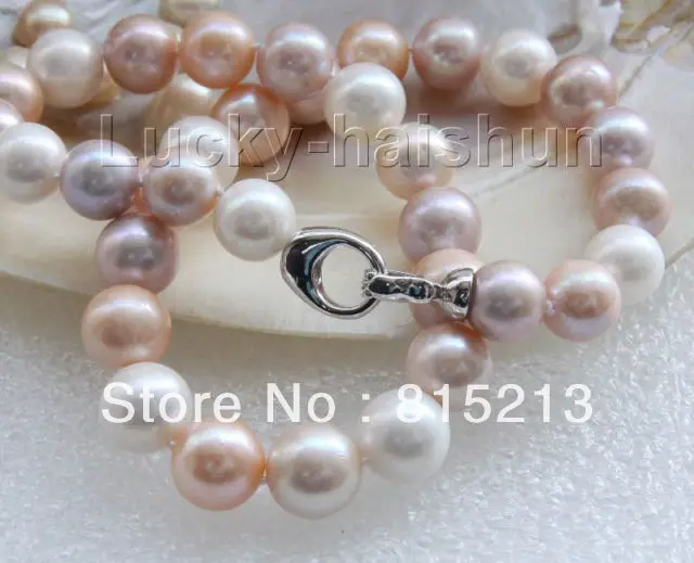 

FREE SHIPPING>>>@@ > N263 17" 12-13mm natural round white pink purple pearls necklace Platinum Plated