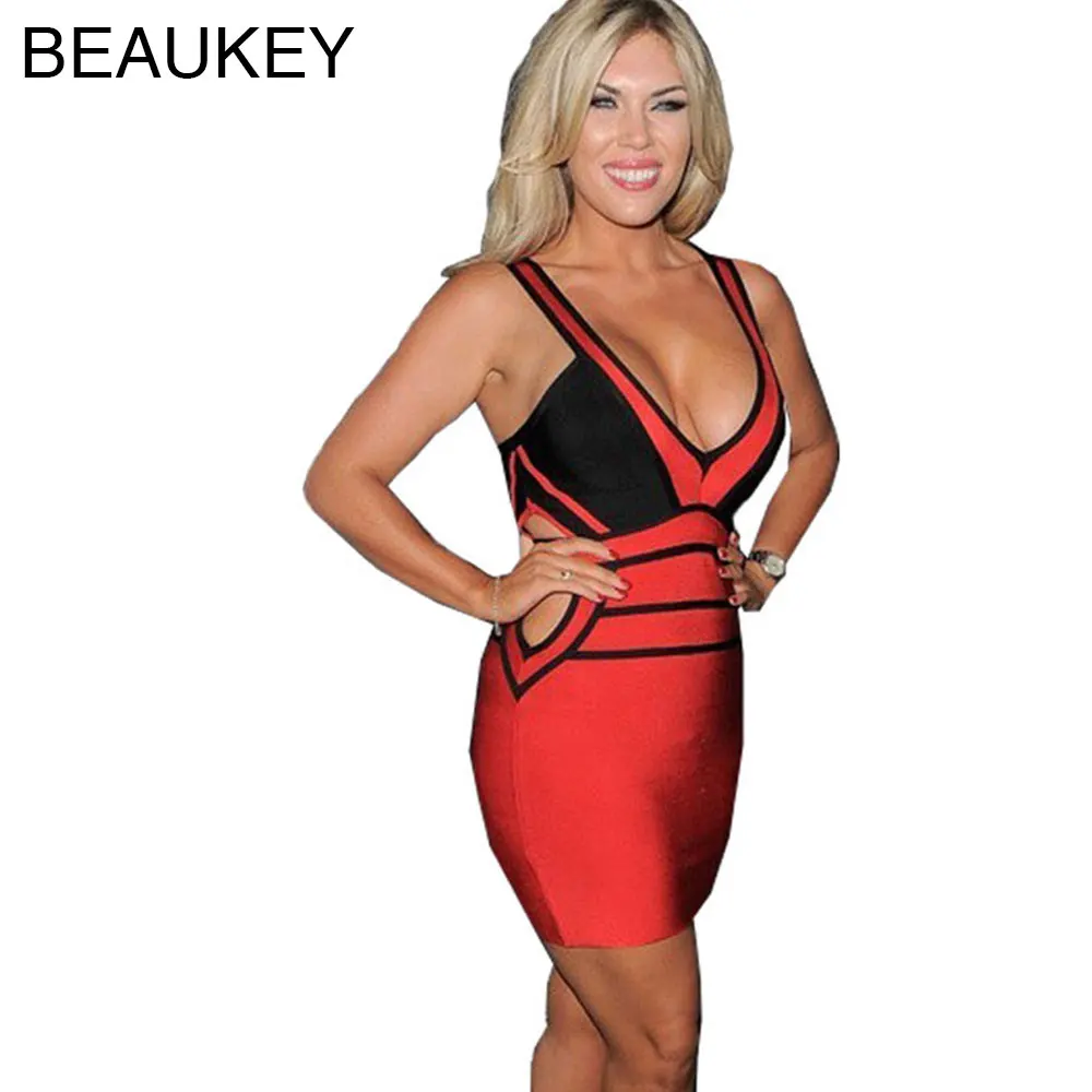 

2015 Red And Black Sexy V Neck Hole Bodycon Knitted Bandage Dress